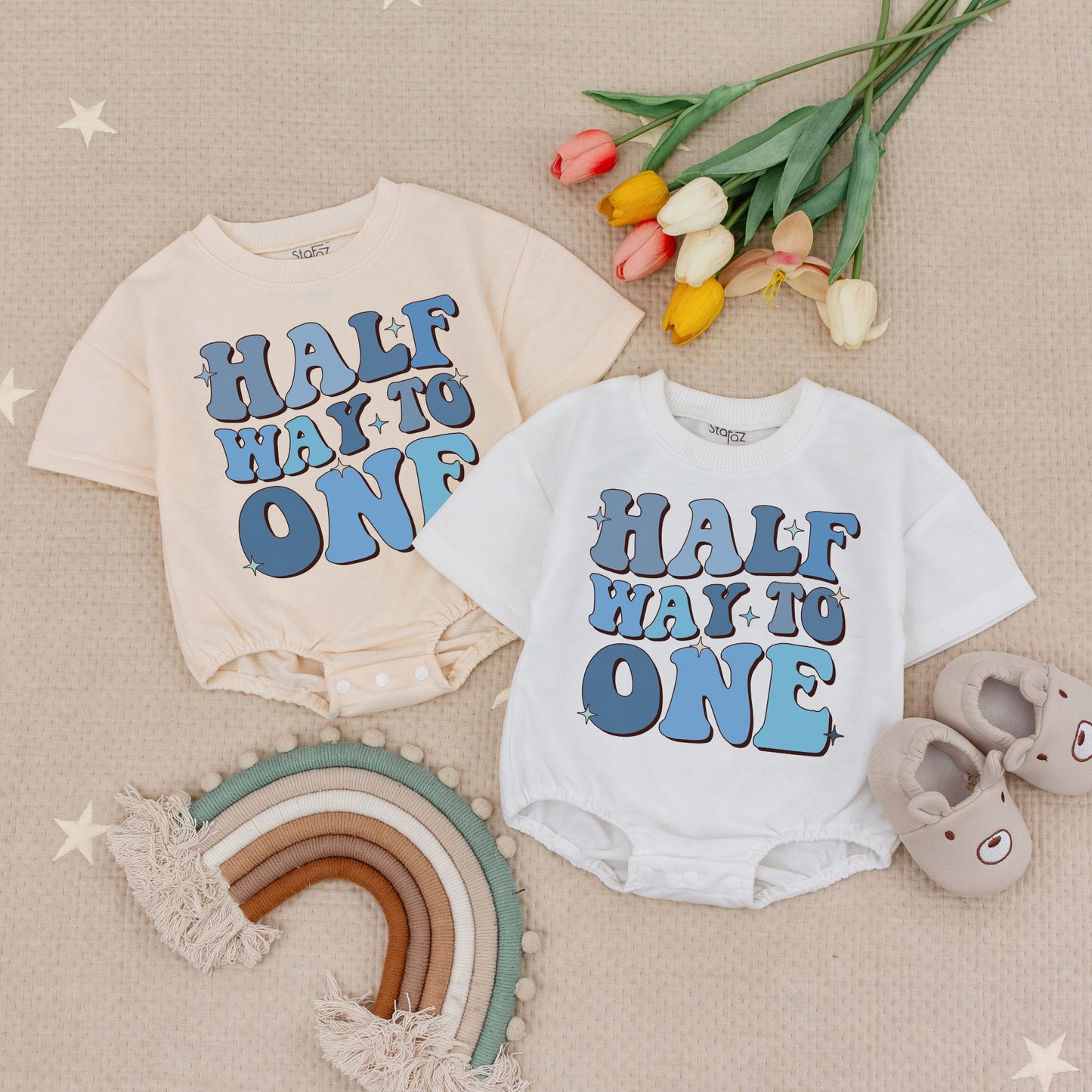 Half Birthday 6 Month Baby Boy Romper Outfit - Half Way To One Bodysuit