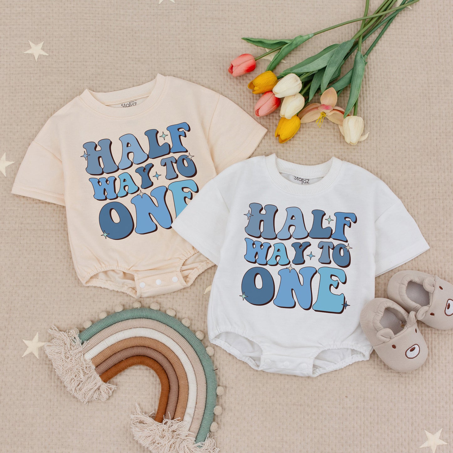 Half Way To One Birthday Baby Boy Romper 6 Month Outfit Retro Blue Bubble Letter Design with Stars First Half Birthday Gift Idea for Infants Comfortable