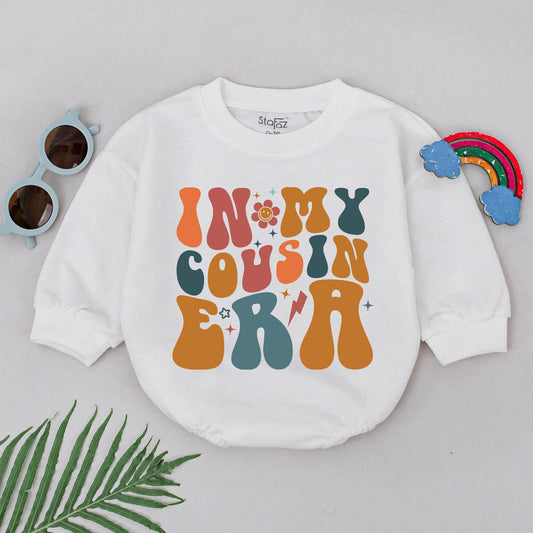 Cousin Matching In My Cousin Era Romper Groovy 70s Retro Bodysuit Orange Teal Brown Infant Baby Shower Gift Besties Playful
