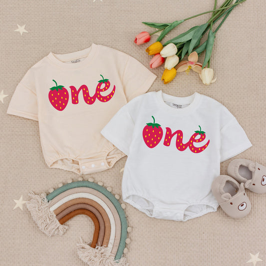 Personalized Strawberry One Baby Bubble Romper Red Berry First Birthday Outfit Sweet Playful Infant Girl Toddler Celebration Gift