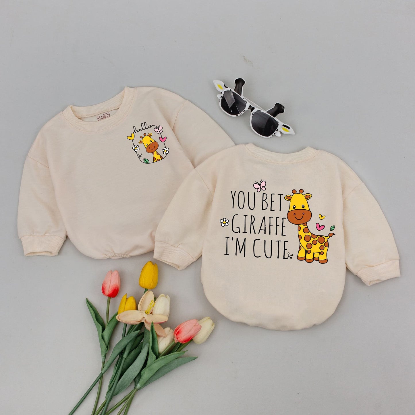 You Bet Giraffe I'm Cute Funny Baby Romper Bodysuit with Playful Cartoon Animal Design, Sweet Floral Details, Adorable Newborn Baby Shower Gift