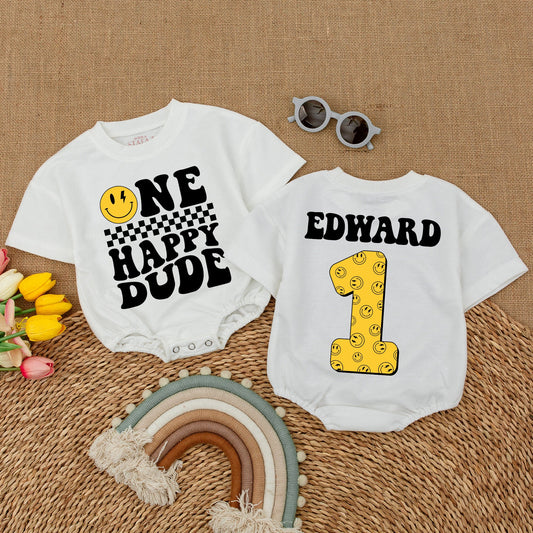 One Happy Dude Personalized Romper Smiley Face First Birthday Outfit Cool Baby Bodysuit Custom Name Cake Smash Clothes Boy Birthday Party