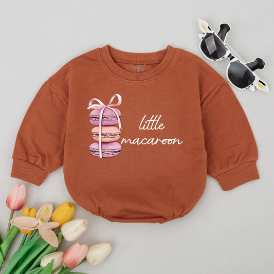 Little Macaroon Baby Bodysuit Cute French Macaron Food Outfit for Infant Girls & Boys Minimalist Pink Peach Stacked Cookies with Ribbon Design Baby Shower Gift