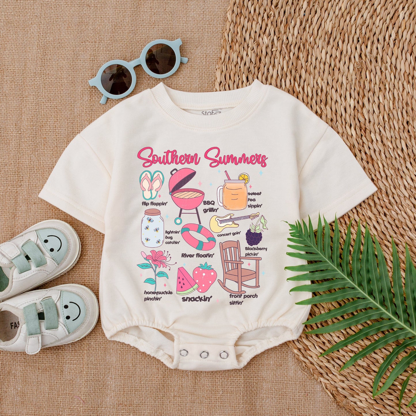 Southern Summers Baby Girl Bubble Romper Sweet Smiley Flowers Retro Summer Outfit Boho Chic Gift For New Baby Girl 138