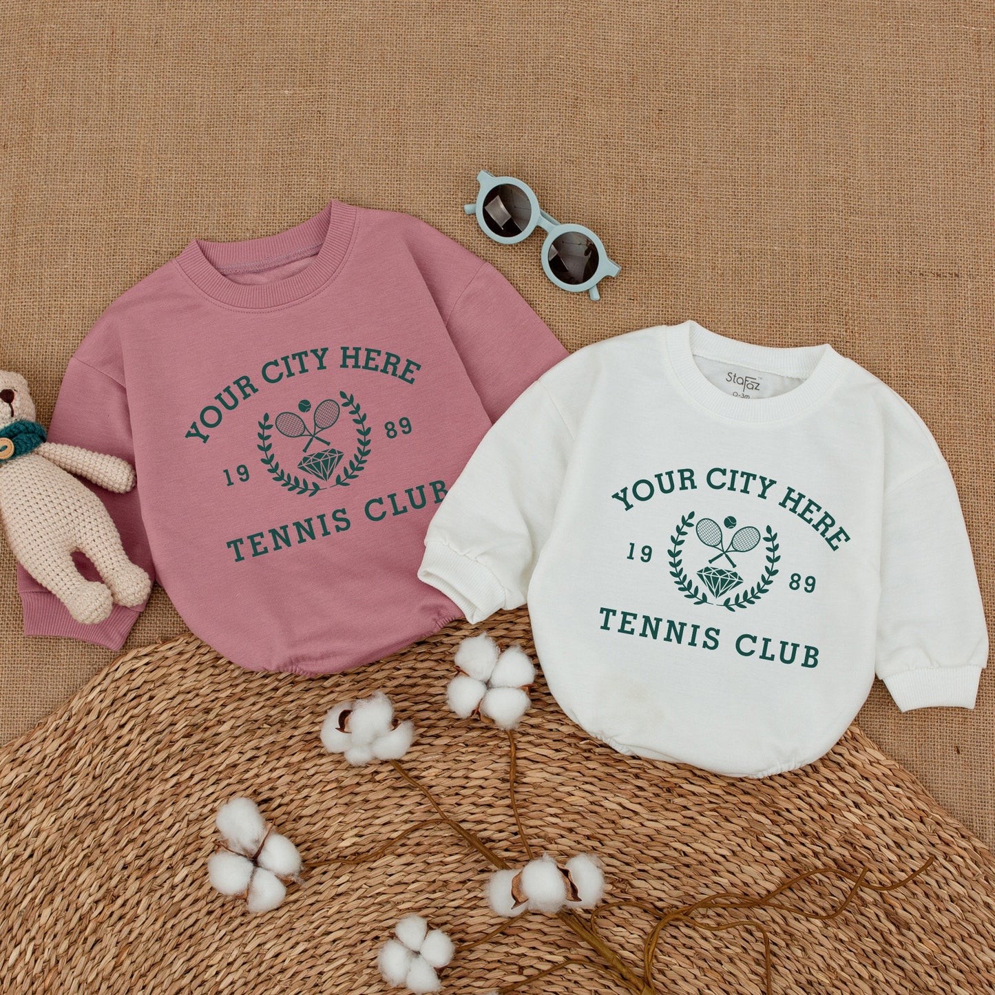 Vintage City Tennis Club Baby Romper Custom Year Tennis Bodysuit Dark Green Tennis Crew Baby Clothes Boy Bubble Romper Tennis Baby Shower Gift