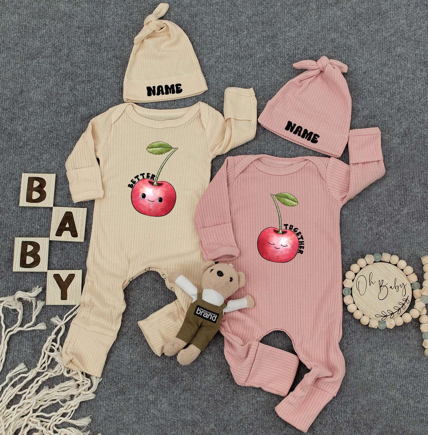 Burger & Fries Twin Bodysuits Set – Funny Work Load Outfit, Cute Newborn Baby Clothes with Hats, Gender Neutral Gift for Twins, Retro Natural Style 138
