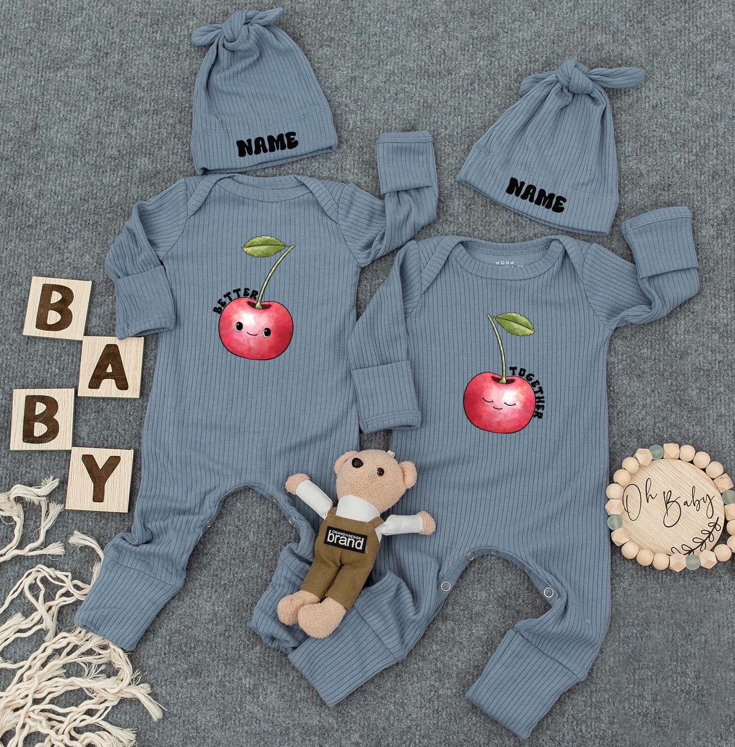 Burger & Fries Twin Bodysuits Set – Funny Work Load Outfit, Cute Newborn Baby Clothes with Hats, Gender Neutral Gift for Twins, Retro Natural Style 138