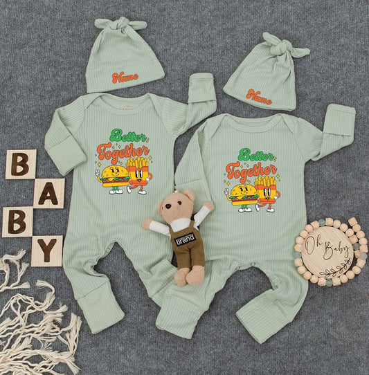 Better Together Twin Bodysuits & Hats, Funny Fries Burger Twin Outfit, Newborn Baby Gift, Set of 2, Cute Infant Clothes