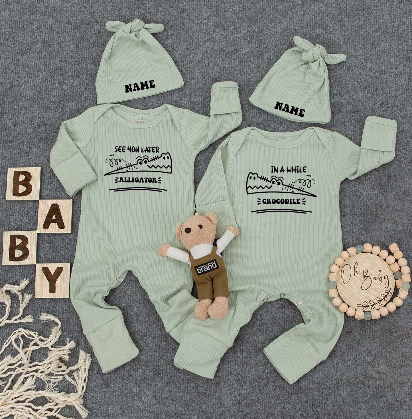 See You Later Alligator Crocodile Twin Bodysuit Set Cute Cartoon Baby Outfit Newborn Gift 2 Hats