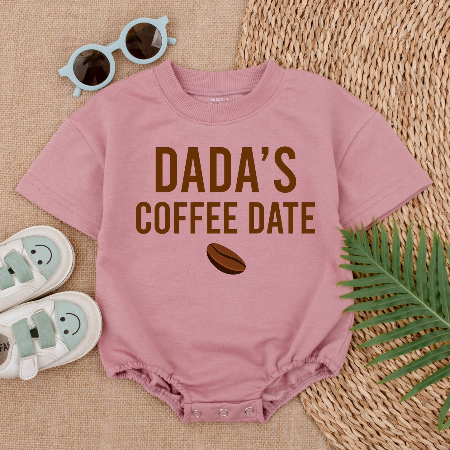Dada's Coffee Date Baby Bubble Romper Light Mauve Newborn Outfit Cute Coffee Bean Design Comfortable Cotton Baby Bodysuit