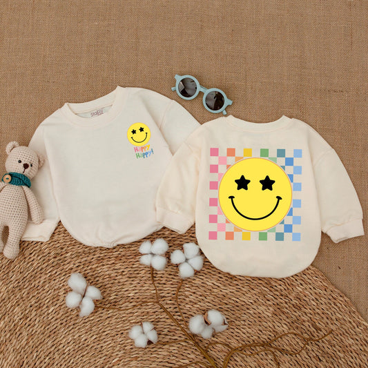 Smiley Face Baby Bodysuit Rainbow Happy Face Romper Minimalist Checkered Outfit Baby Shower Newborn Gift