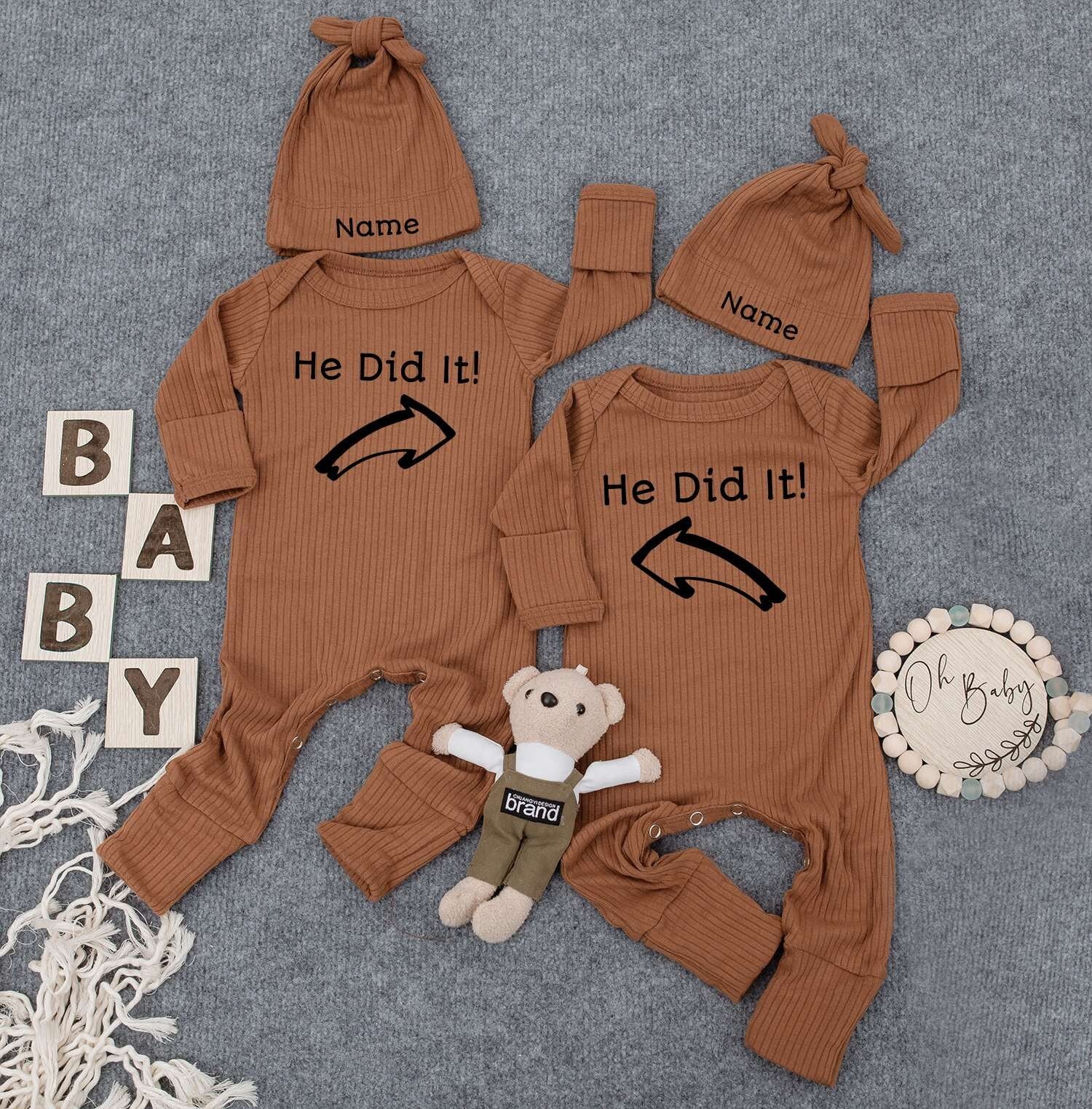 He Did It Twin Bodysuits with "Name" Hats Set of 2 Cute Newborn Announcement Outfit Gender Neutral Baby Clothes Matching Pregnancy Gift