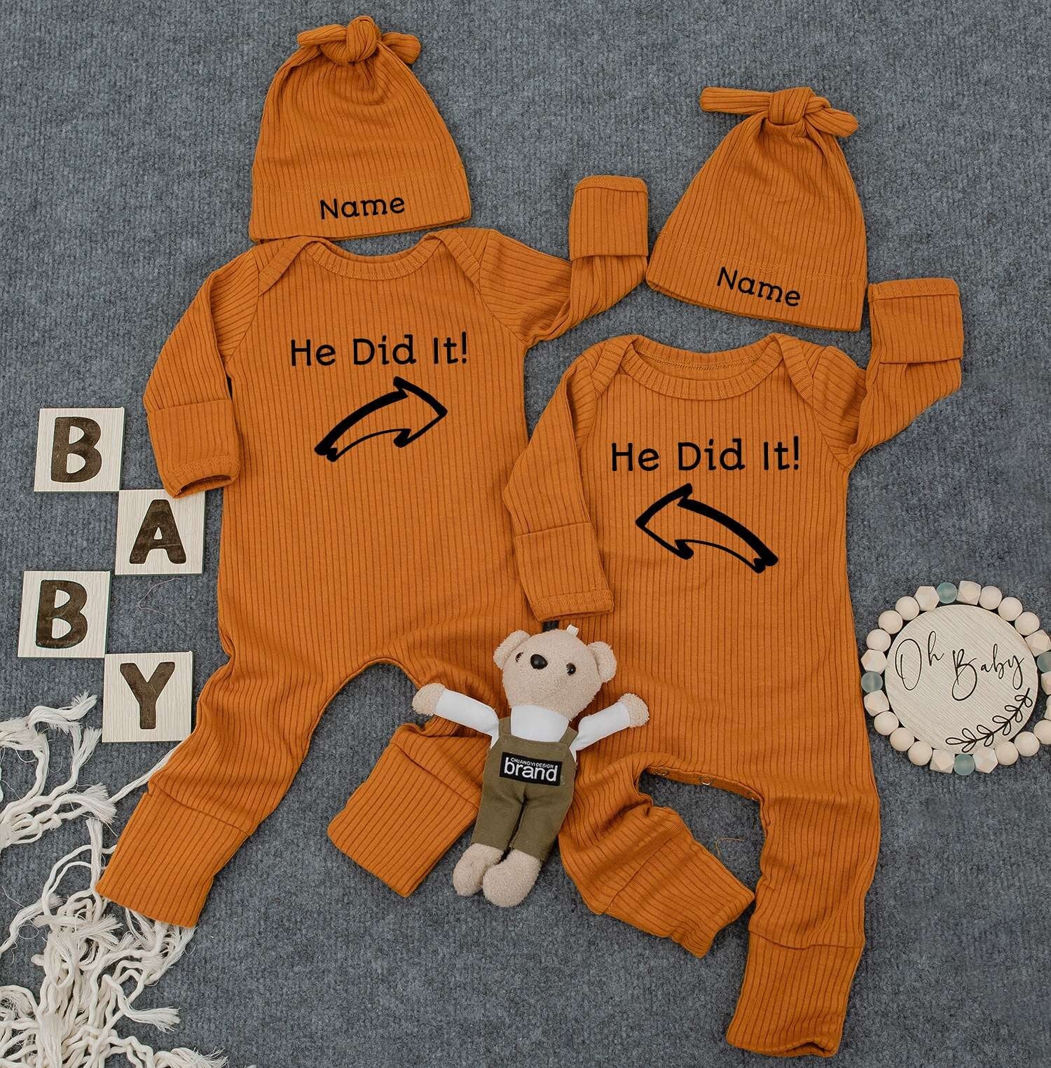 He Did It Twin Bodysuits with "Name" Hats Set of 2 Cute Newborn Announcement Outfit Gender Neutral Baby Clothes Matching Pregnancy Gift