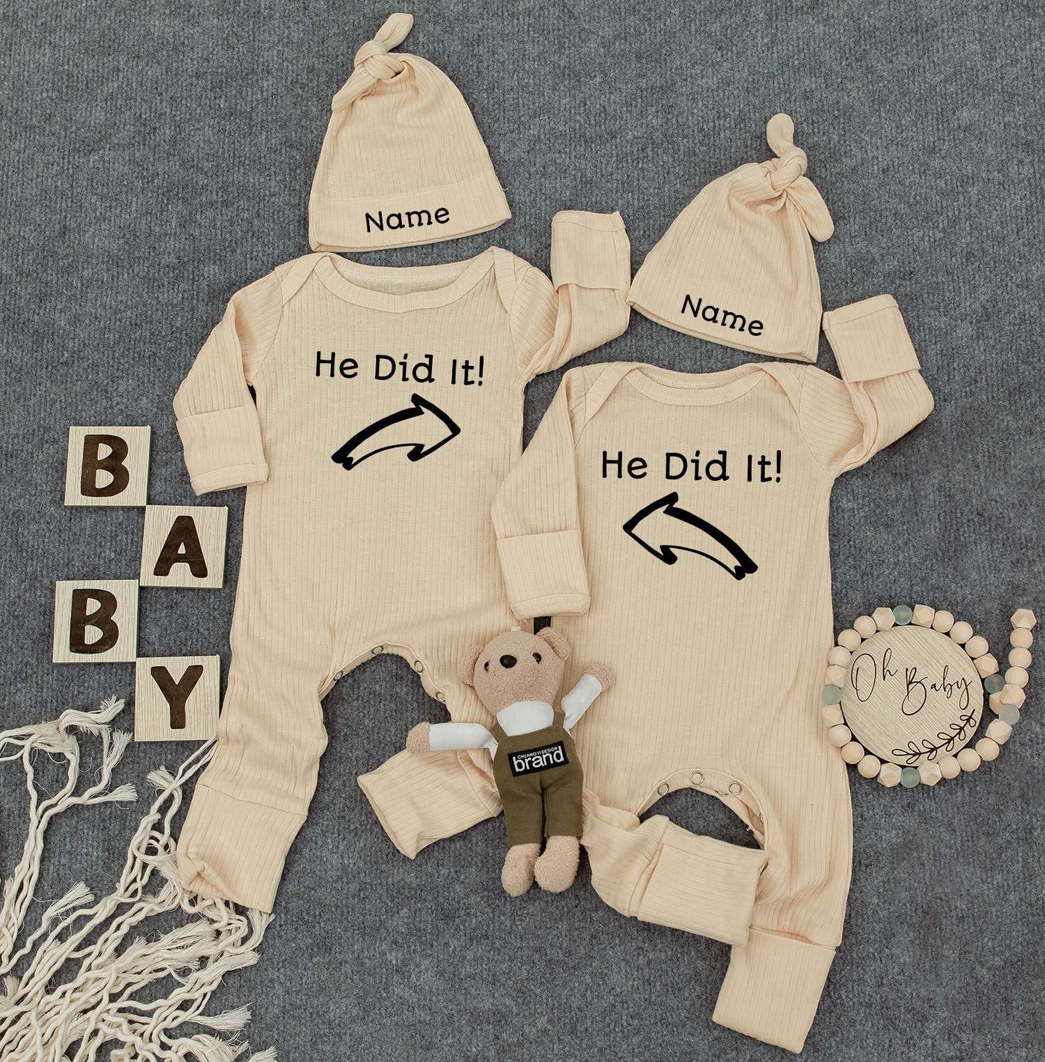 He Did It Twin Bodysuits with "Name" Hats Set of 2 Cute Newborn Announcement Outfit Gender Neutral Baby Clothes Matching Pregnancy Gift