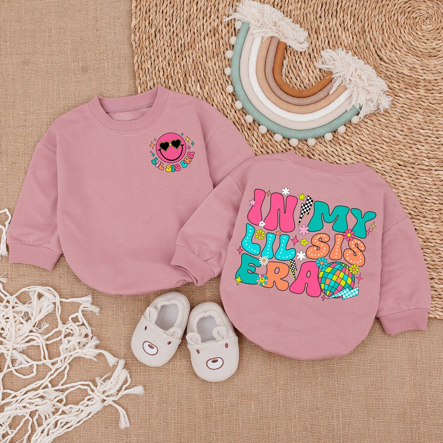 In My Lil Sis Era Baby Bubble Romper Retro Pink Smiley Face Girl Outfit Vibrant Flowers Stars Disco Ball Whimsical Sister Infant Clothes