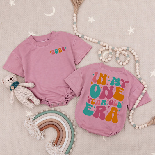 In My One Year Old Era Custom Name Baby Romper Girl First Birthday Outfit Playful Retro Teal Pink Orange Heart Star Design Bodysuit Clothes