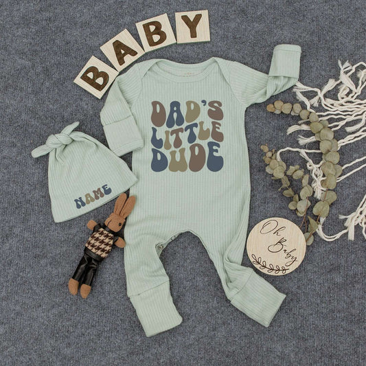 Dad's Little Dude Baby Bodysuit and Hat Set Retro Groovy Font Vintage Style New Baby Shower Gift Going Home Outfit Father's Day Keepsake