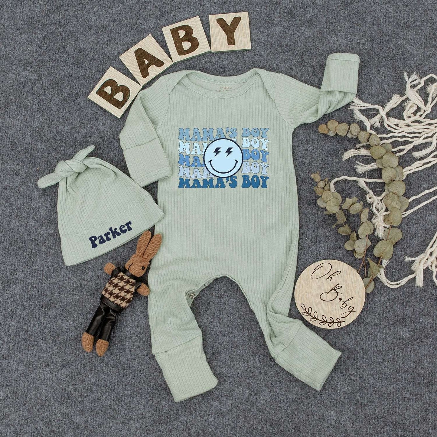 Personalized Mama's Boy Retro Bodysuit Hat Set Wavy Blue Smiley Face Lightning Bolt Infant Newborn Boy Outfit Comfortable New Mom Gift