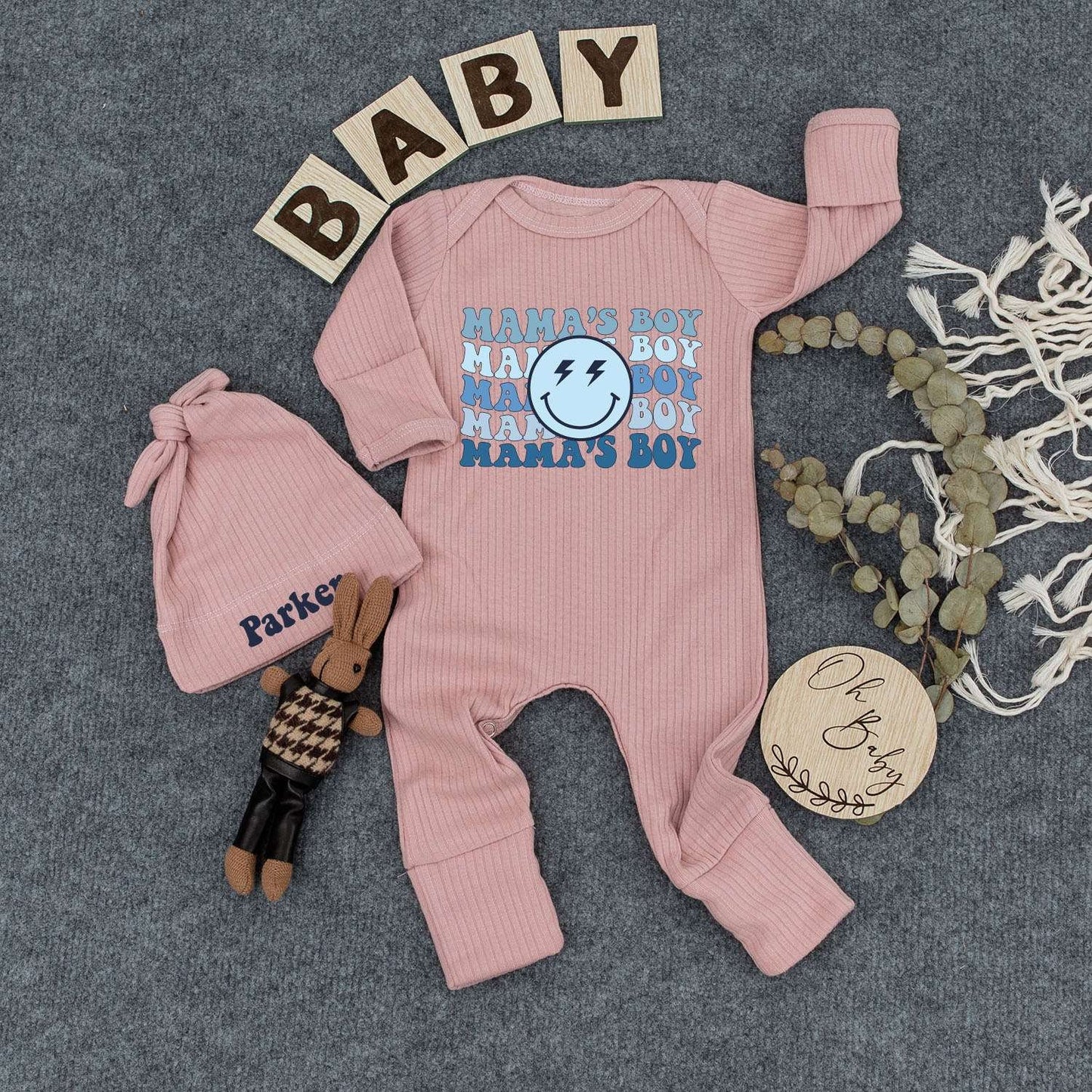 Personalized Mama's Boy Retro Bodysuit Hat Set Wavy Blue Smiley Face Lightning Bolt Infant Newborn Boy Outfit Comfortable New Mom Gift