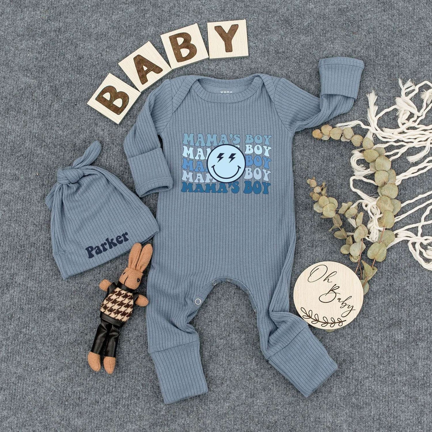 Personalized Mama's Boy Retro Bodysuit Hat Set Wavy Blue Smiley Face Lightning Bolt Infant Newborn Boy Outfit Comfortable New Mom Gift