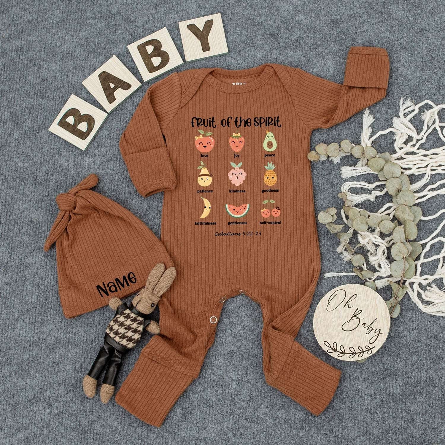 Personalized Fruit of the Spirit Bodysuit Hat Set Cute Cheerful Fruit Baby Romper Newborn Outfit Galatians 5:22-23 New Mom Shower Gift