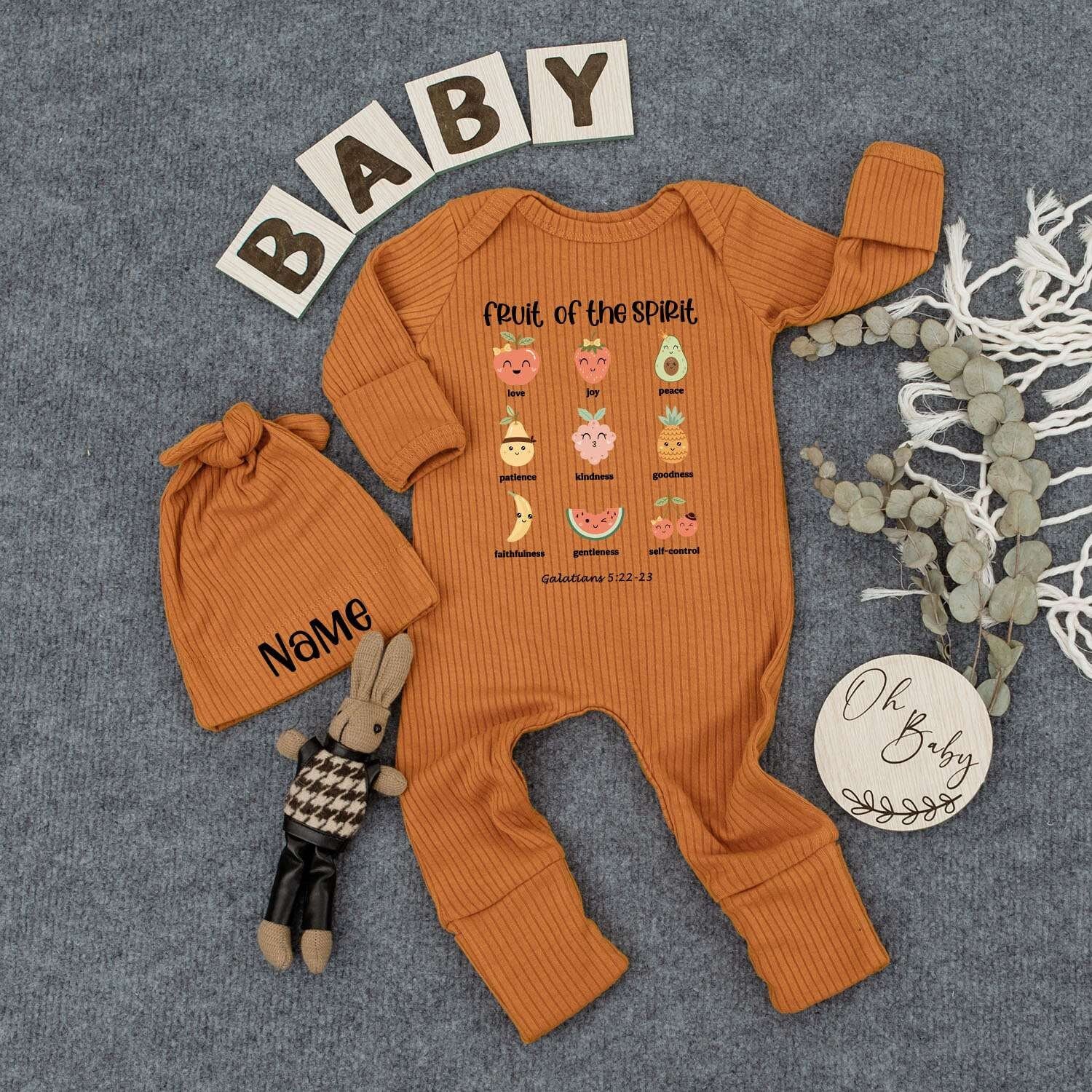 Personalized Fruit of the Spirit Bodysuit Hat Set Cute Cheerful Fruit Baby Romper Newborn Outfit Galatians 5:22-23 New Mom Shower Gift