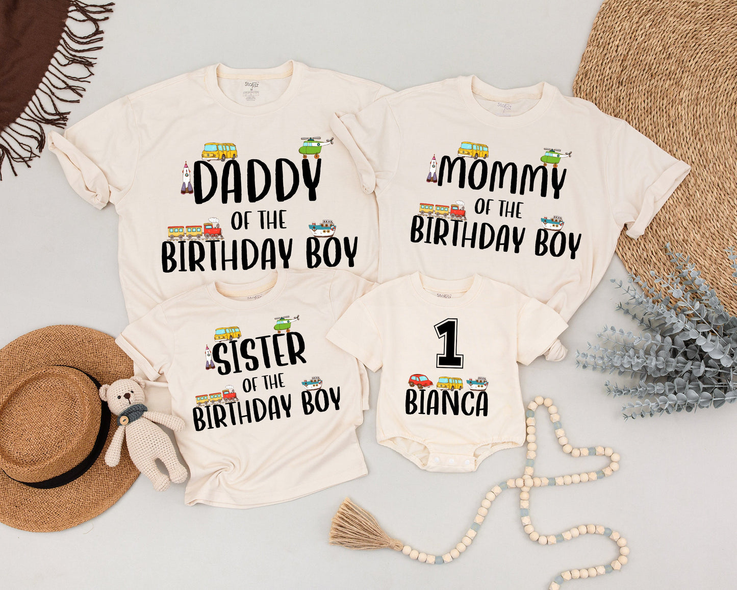 Personalized Matching Family Transportation Birthday Shirts Custom Name Colorful Cartoon Vehicles Playful Boy's 1st Birthday Party Outfit for Mom Dad Sister
