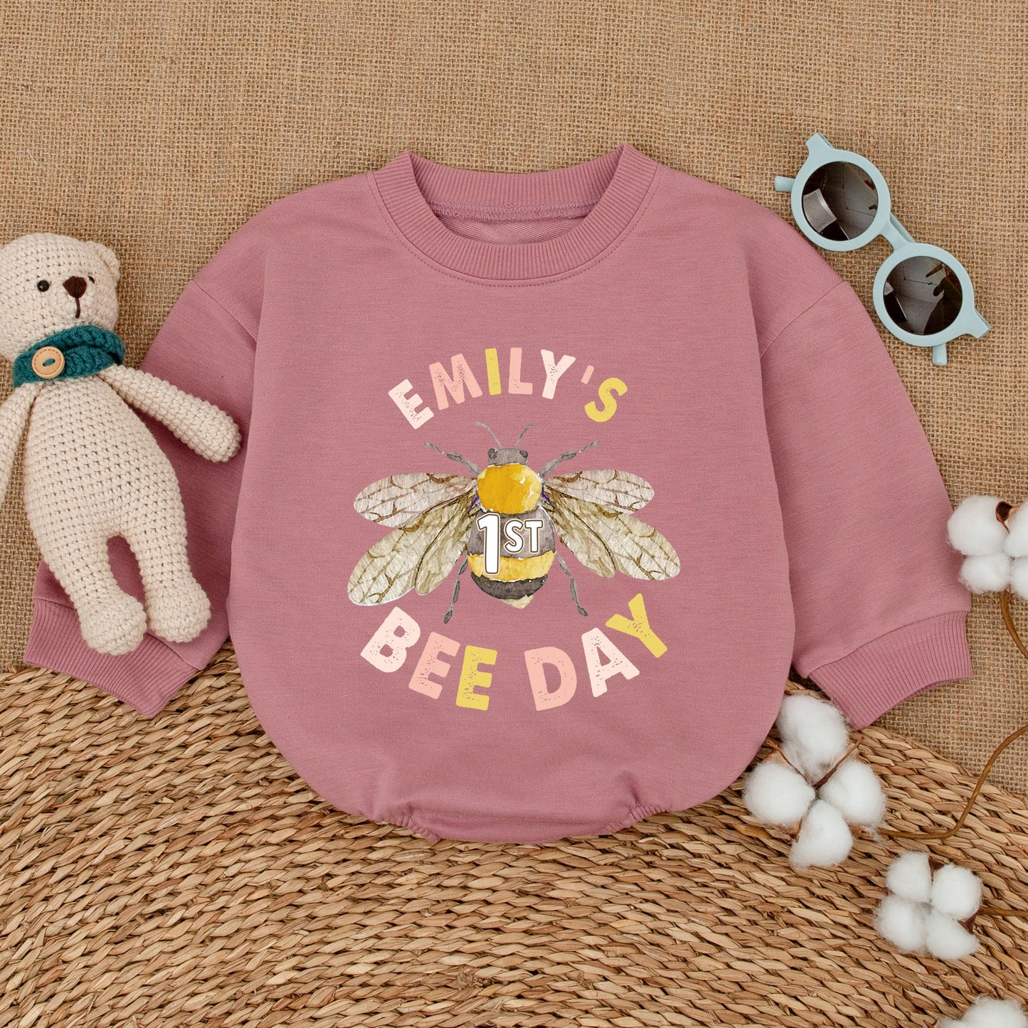 Personalized First Bee Day Birthday Romper for Baby Girl, Emily's Bee Day Outfit, Watercolor Honeybee Gold Smash Cake Bodysuit
