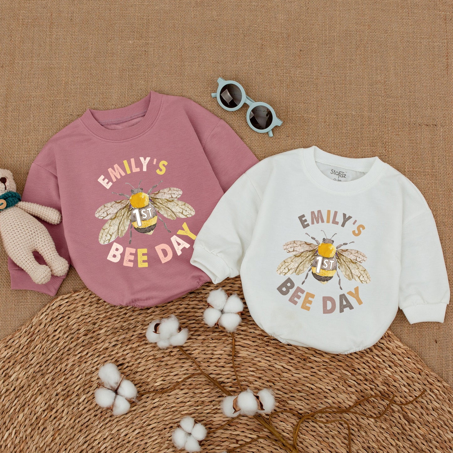 Personalized First Bee Day Birthday Romper for Baby Girl, Emily's Bee Day Outfit, Watercolor Honeybee Gold Smash Cake Bodysuit