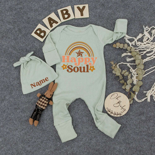 Personalized Happy Soul Baby Bodysuit & Hat Set with Name, Cute Tan Brown Rainbow Print Newborn Gift Outfit for Girls Boys, Soft Cotton Romper