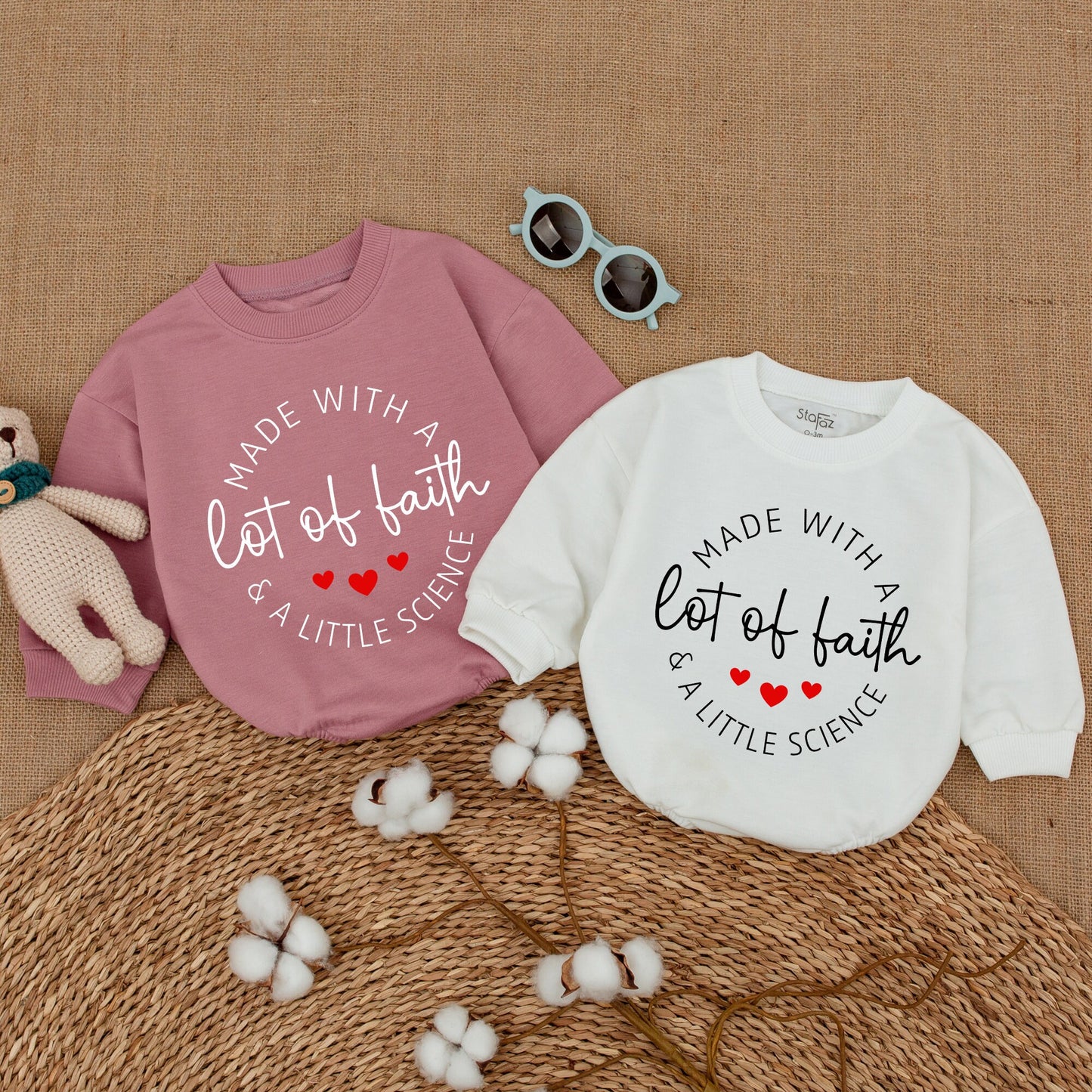 Made With A Lot Of Faith & A Little Science IVF Baby Romper Bodysuit Newborn Clothes Pregnancy Announcement Gift Modern Design Red Hearts