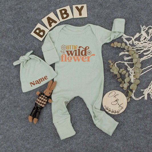 Little Wild Flower Baby Bodysuit Hat Set Cute Floral Newborn Infant Custom Sleepsuit New Mom Gift Soft Gender Neutral Romper