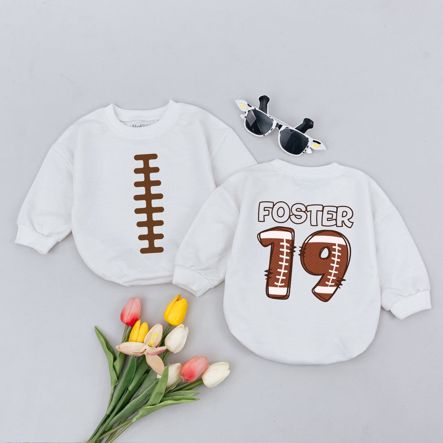 Personalized Football Baby Romper with Name Number on Back Sporty Playful Infant Outfit White Laces Design for Game Day Baby Shower Gift