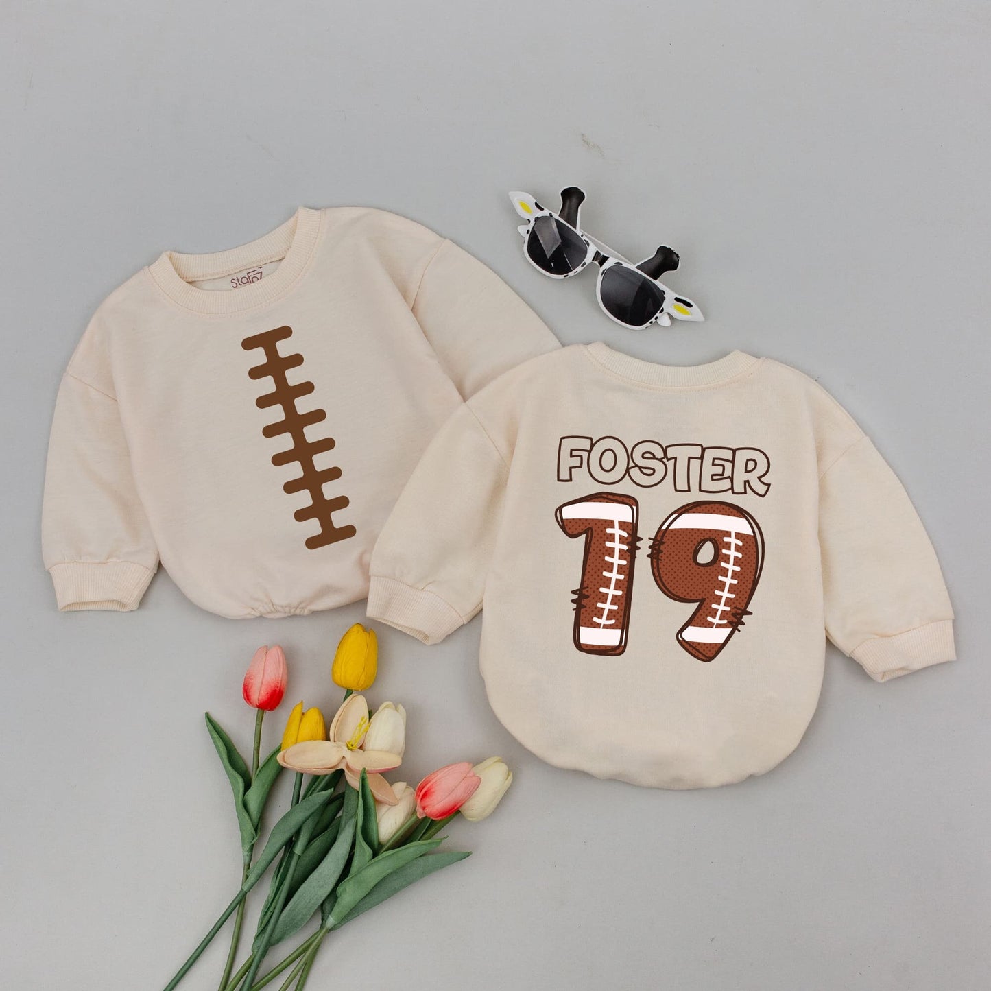 Personalized Football Baby Romper with Name Number on Back Sporty Playful Infant Outfit White Laces Design for Game Day Baby Shower Gift