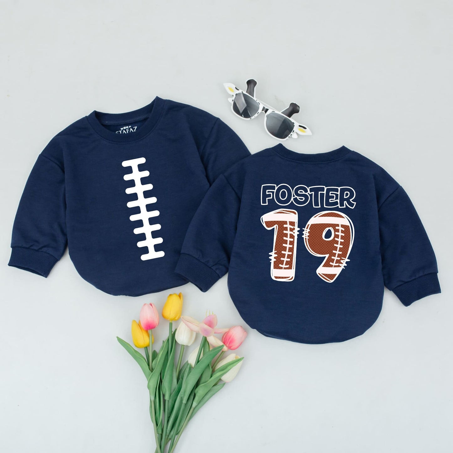 Personalized Football Baby Romper with Name Number on Back Sporty Playful Infant Outfit White Laces Design for Game Day Baby Shower Gift