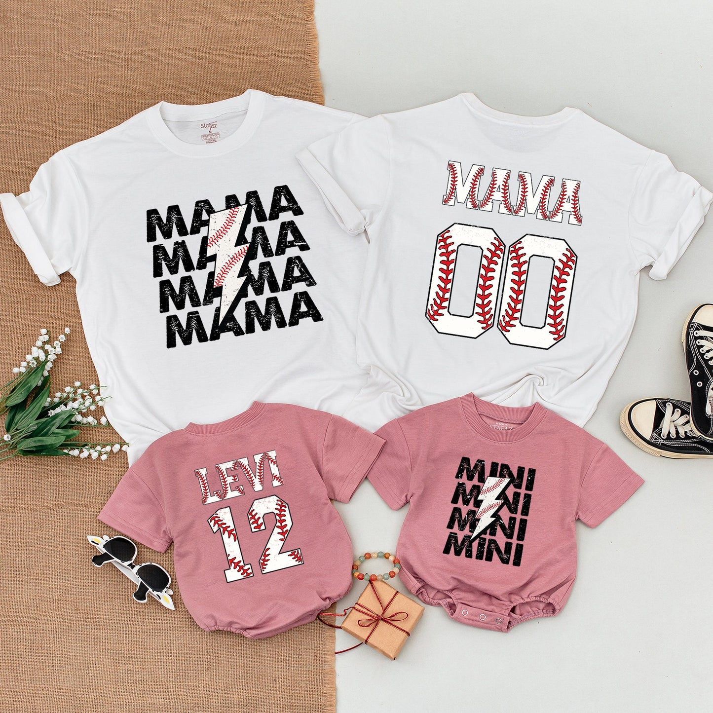 Personalized Baseball Family Matching Shirts for Mom, Mama, Mini, and Rookie featuring stitched baseball graphics, perfect for game day.
