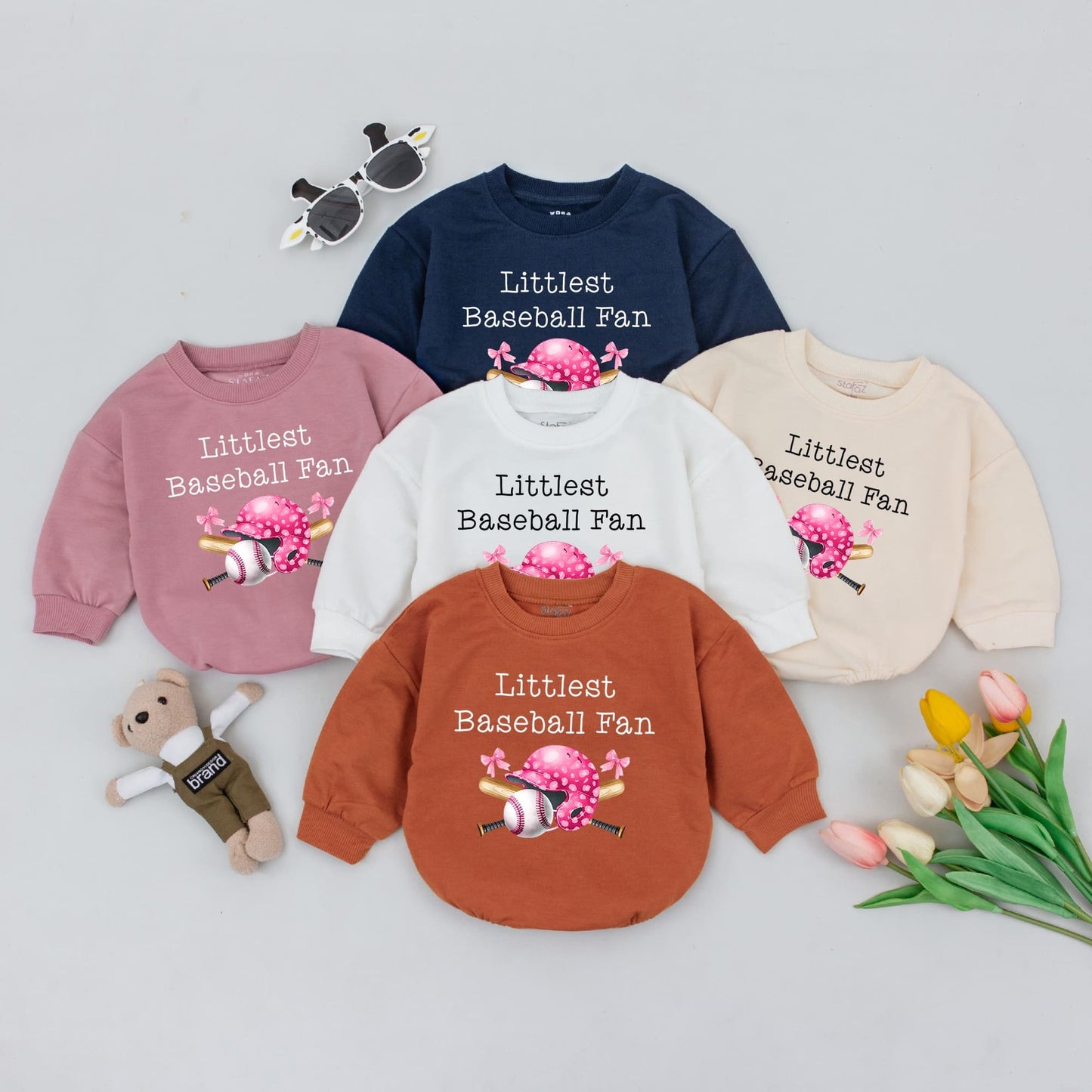 Littlest Baseball Fan Baby Romper Pink Helmet Bow Baseball Graphic Girl Bodysuit Cute Sports Infant Outfit Pregnancy Announcement Shower Gift Newborn Clothing