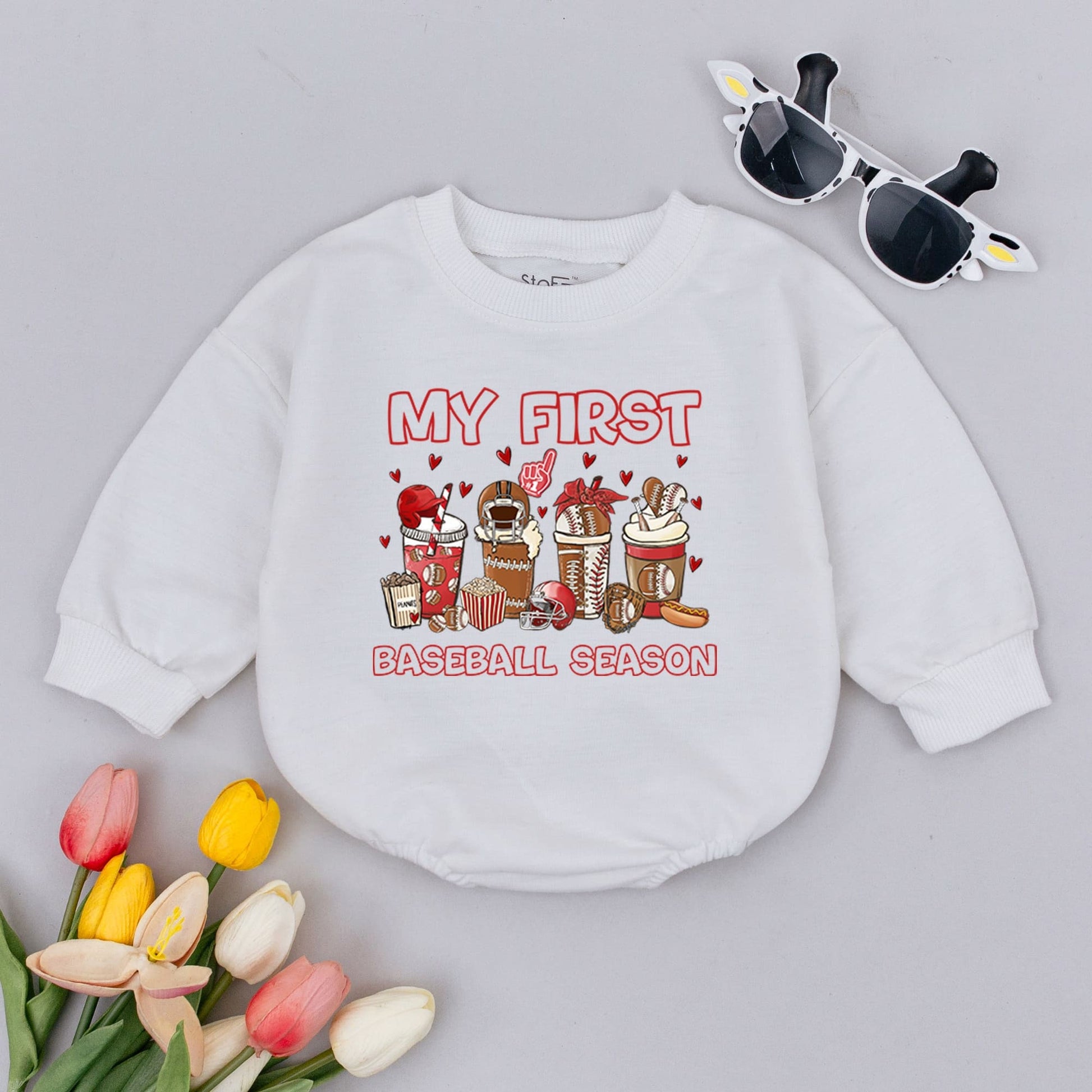 My First Baseball Season Baby Romper Bodysuit Cute Playful Sports Outfit Whimsical Baseball Drink Design Newborn Pregnancy Announcement Gift