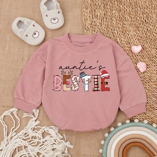 Auntie's Bestie Christmas Baby Romper Festive Holiday Bodysuit Newborn Girl Cozy Long Sleeve Outfit with Playful Patterned Letters