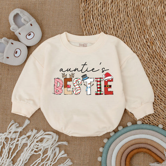 Auntie's Bestie Christmas Baby Romper Festive Holiday Bodysuit Newborn Girl Cozy Long Sleeve Outfit with Playful Patterned Letters