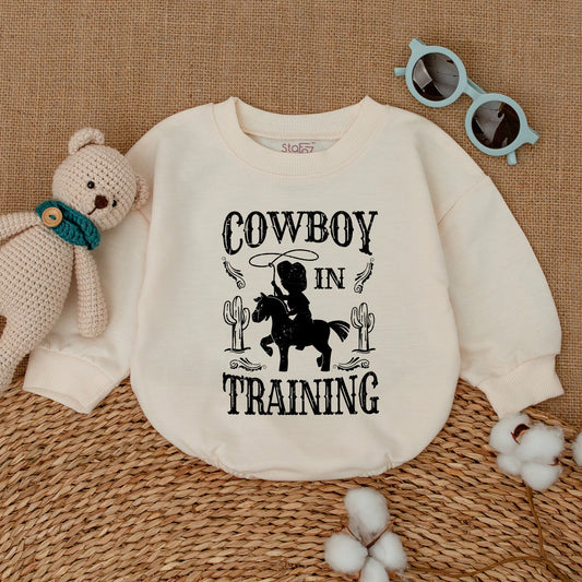 Little Cowboy in Training Baby Romper, Rustic Western Bodysuit, Boho Country Newborn Outfit, Distressed Vintage Cowboy Gift Bubble Romper 137