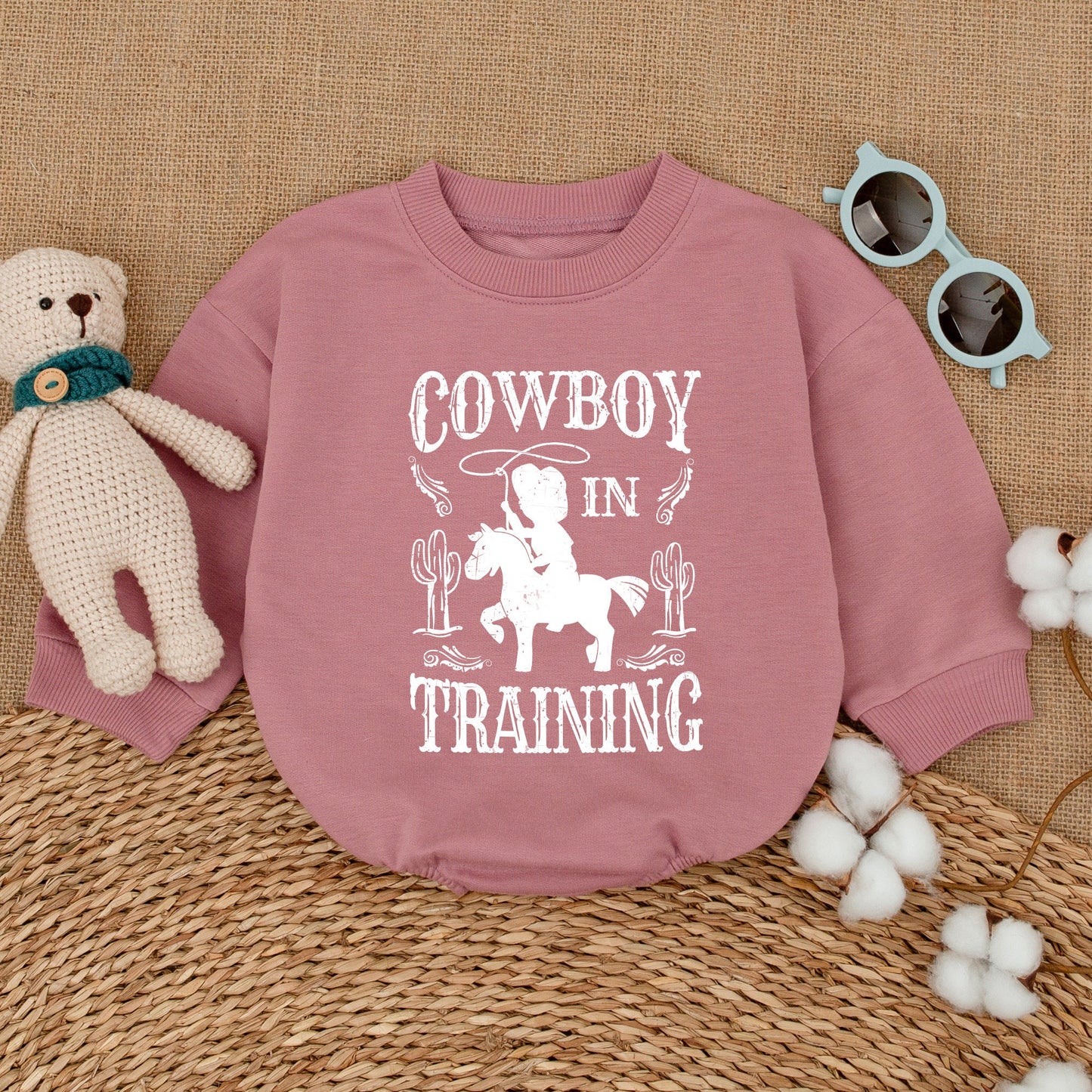 Little Cowboy in Training Baby Romper, Rustic Western Bodysuit, Boho Country Newborn Outfit, Distressed Vintage Cowboy Gift Bubble Romper 137
