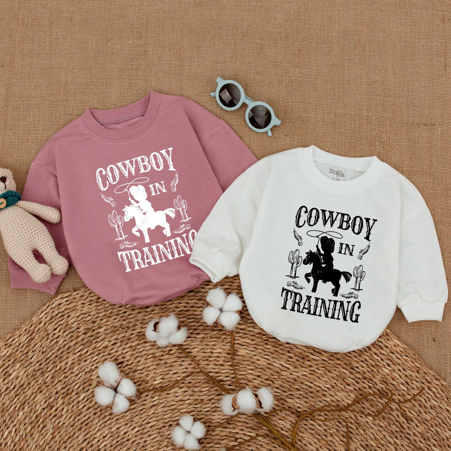 Little Cowboy in Training Baby Romper, Rustic Western Bodysuit, Boho Country Newborn Outfit, Distressed Vintage Cowboy Gift Bubble Romper 137