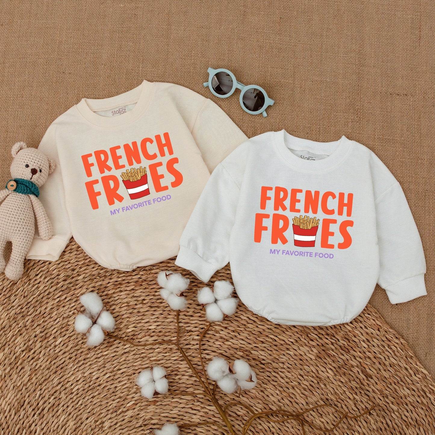 French Fries Baby Romper: Funny Unisex Bodysuit with Orange Food Design, My Favorite Food Quote, New Baby Gift, Bubble Romper