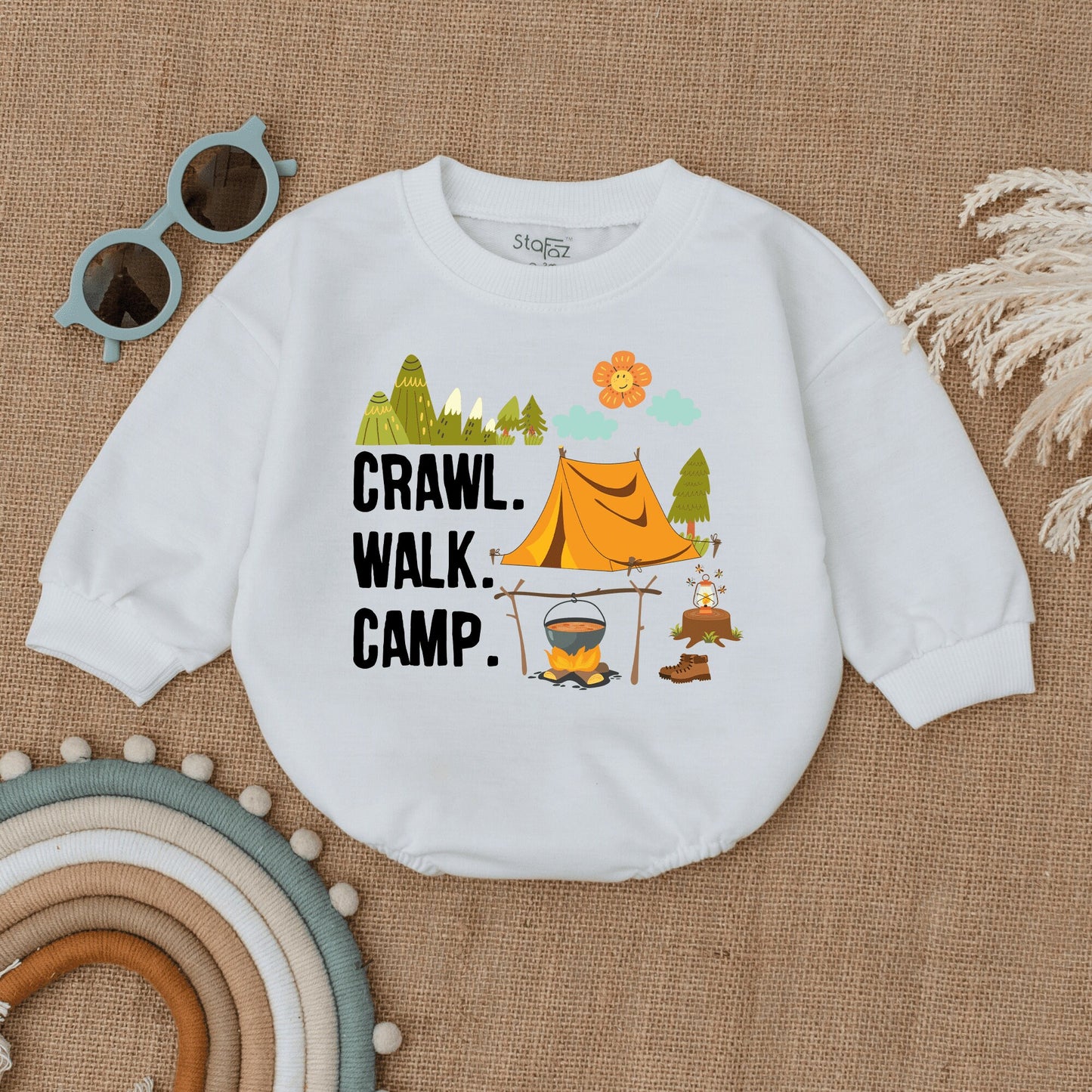 Crawl Walk Camp Baby Romper Cute Camping Infant Bodysuit with Mountain Tent Design Smiling Flower Cheerful Newborn Adventurer Outfit