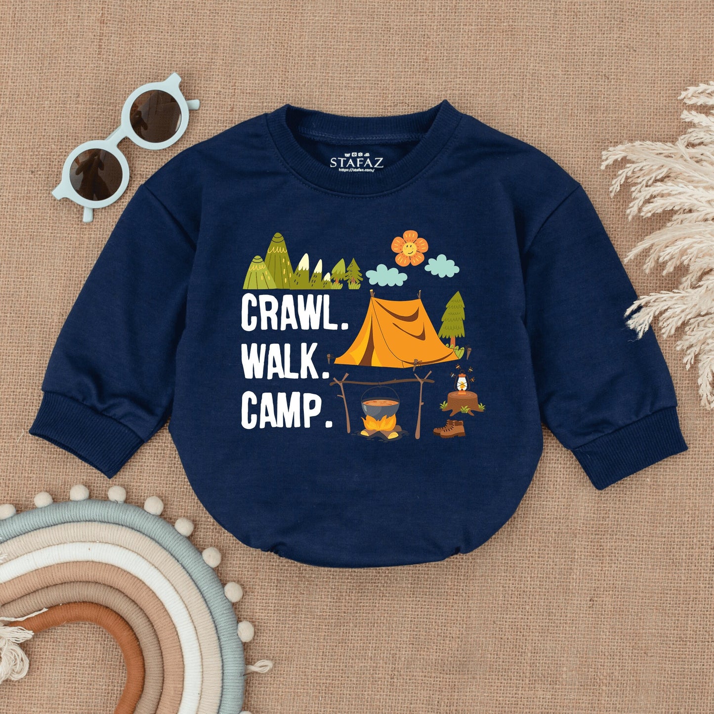 Crawl Walk Camp Baby Romper Cute Camping Infant Bodysuit with Mountain Tent Design Smiling Flower Cheerful Newborn Adventurer Outfit