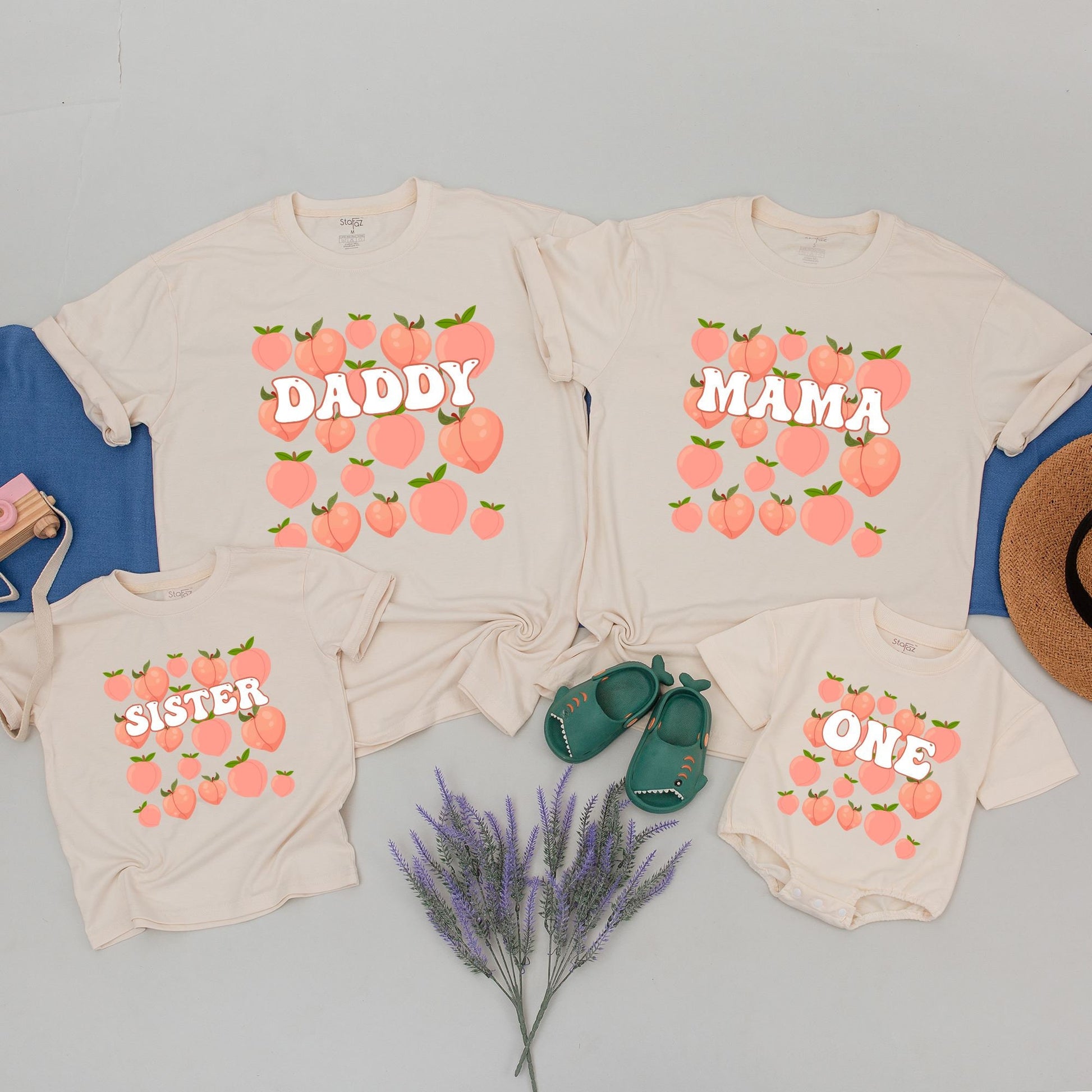 One Sweet Peach 1st Birthday Shirt Matching Family Party Outfit featuring playful light orange cartoon peaches and retro style text for celebration
