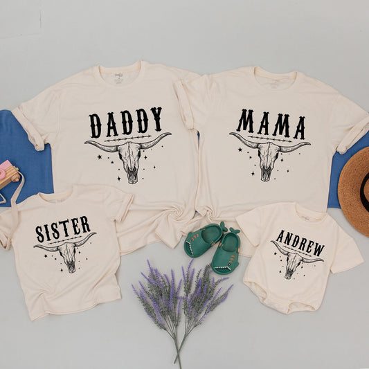 First Rodeo Family Birthday Shirts Custom Name Western Steer Skull Vintage Style 1st Birthday Party Mama Daddy Brother Outfit