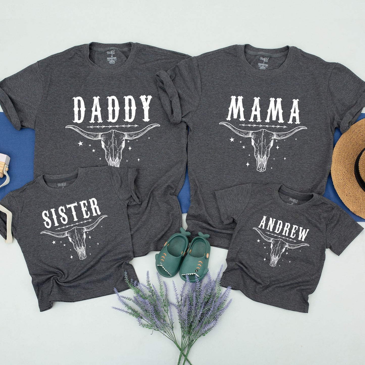 First Rodeo Family Birthday Shirts Custom Name Western Steer Skull Vintage Style 1st Birthday Party Mama Daddy Brother Outfit