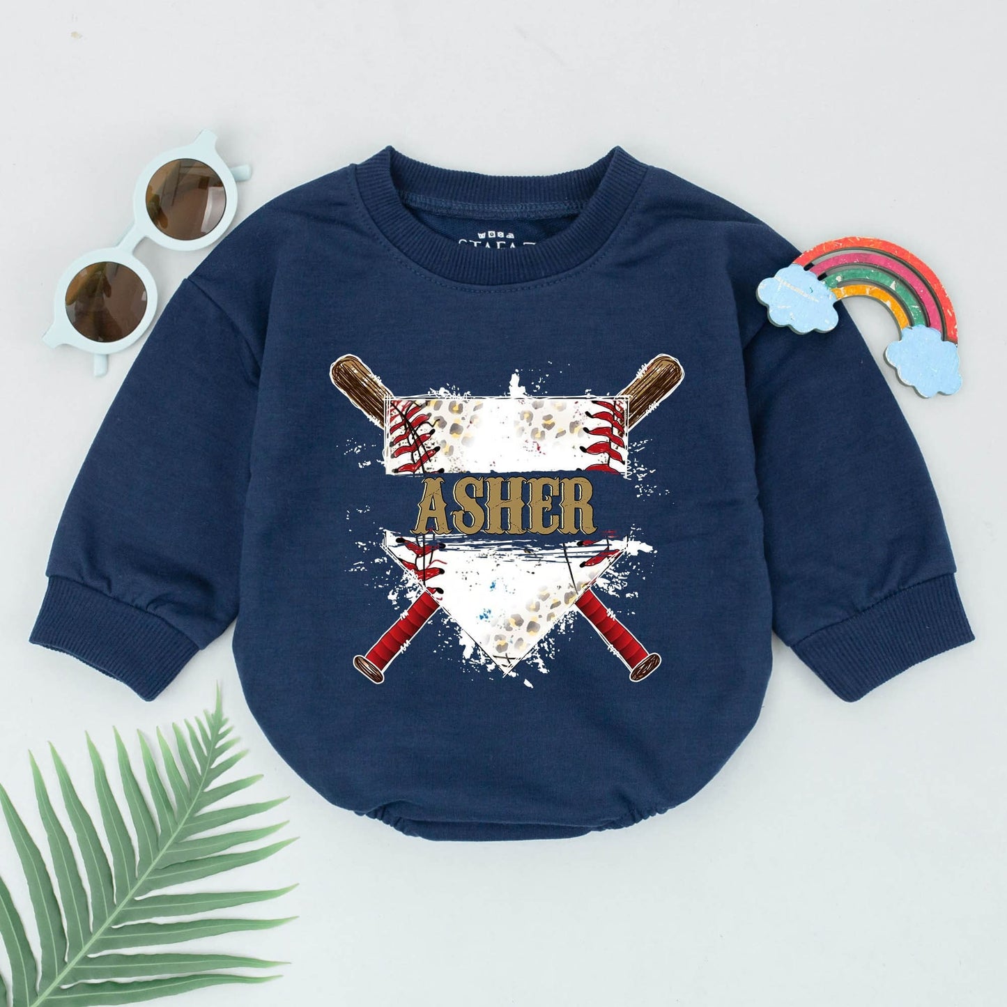Personalized Gold Asher Baseball Bubble Romper Game Day Outfit with Crossed Bats Diamond & Black Splatter, a Retro Sporty Baby Boy Girl Design